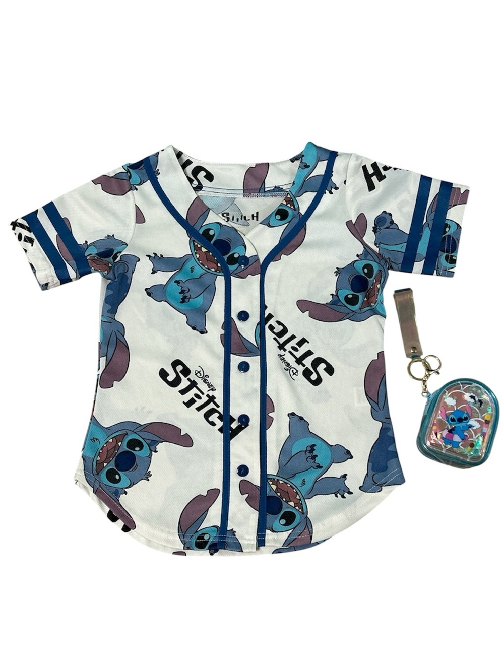 Disney Stitch Baseball-Style Button-Front Kids Shirt 7-8 plus FREE coin purse